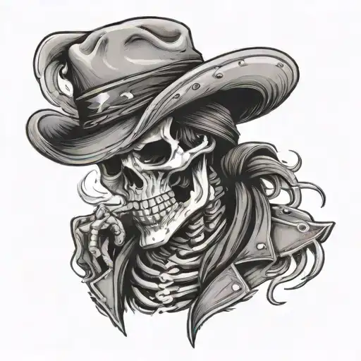 western cowboy skeleton with bandana around neck smoking a cigarette with smoke around him tattoo design idea