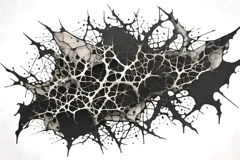 abstract blackwork tattoo with small splatters and jagged curves branching off, representing torment and trauma tattoo design idea
