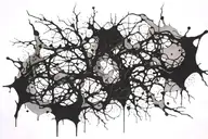 abstract blackwork tattoo with small splatters and jagged curves branching off, representing torment and trauma tattoo design idea