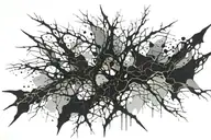 abstract blackwork tattoo with small splatters and jagged curves branching off, feminine,representing torment and trauma tattoo design idea