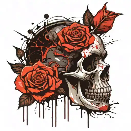 skull and rose with girl tattoo design idea
