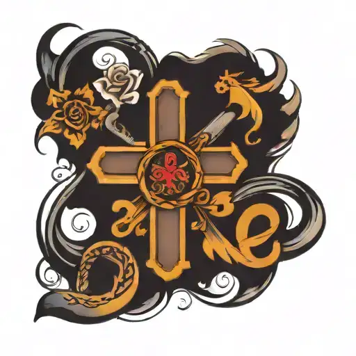 cross with kids initial tattoo design idea