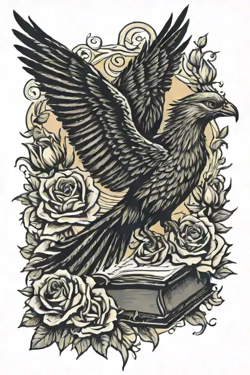 pheonix flying out of book on top of a bed of roses covered in blood tattoo design idea