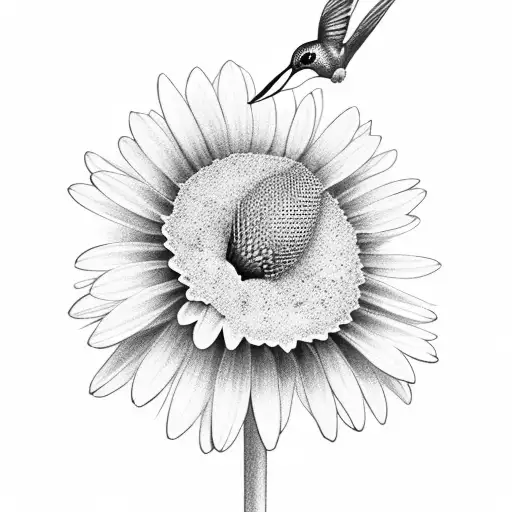 A serene composition of a delicate hummingbird feeding on a cluster of wild daisies tattoo design idea