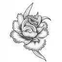 Sun, two carnations, one lilac, and a day lily tattoo design idea