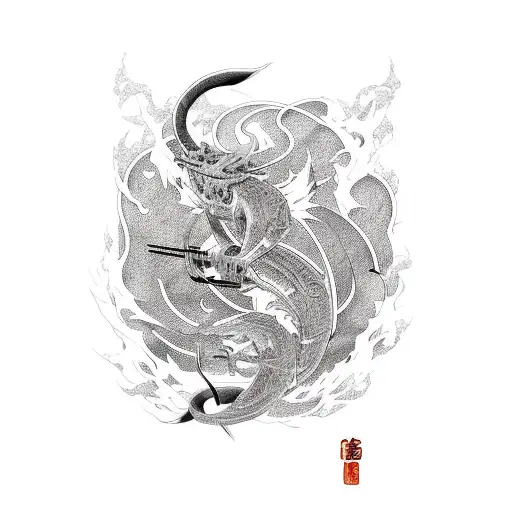 Bass guitar with design elements of animes like demon slayer and pokemon tattoo design idea