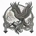 A phoenix bird rising from the mountains with musical notes in the background tattoo design idea