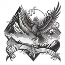 A phoenix bird rising from the mountains with musical notes in the background tattoo design idea