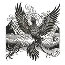 A phoenix bird rising from the mountains with musical notes in the background tattoo design idea