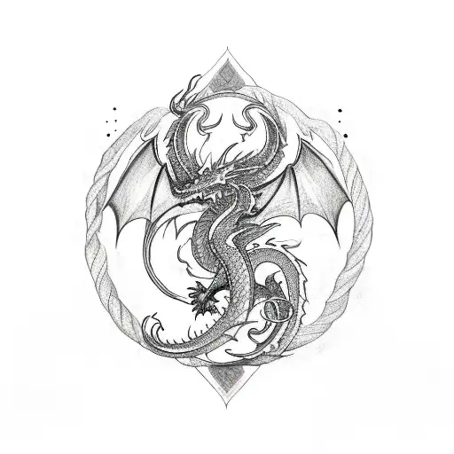 Sketch-style tattoo of a dragon intertwined with traditional Ukrainian symbols tattoo design idea