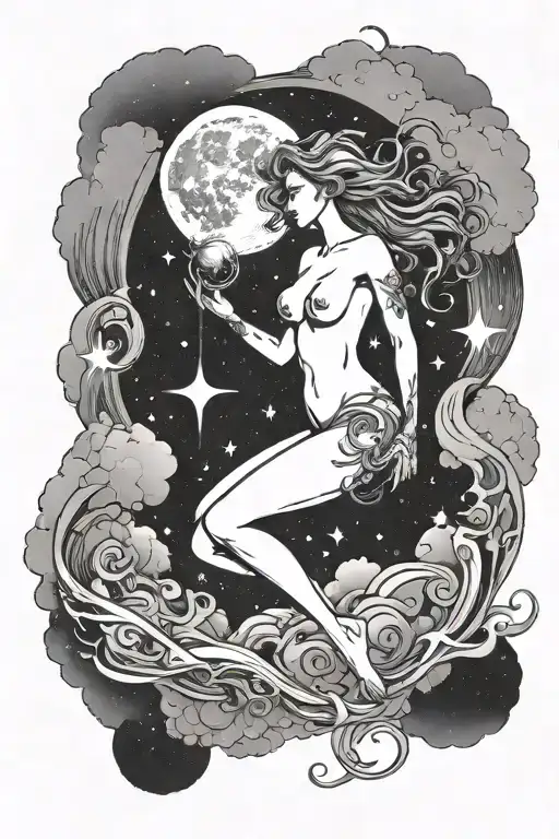 female full body silhouette emerging from gas clouds and stars and moon surrounding her tattoo design idea