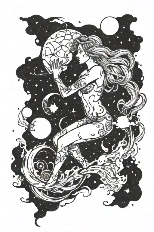 female full body silhouette emerging from gas clouds and stars and moon surrounding her tattoo design idea