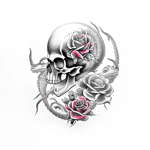 skull, cyberpunk details, fullbody, with roses, open mounth and a scorpion and a snake tattoo design idea