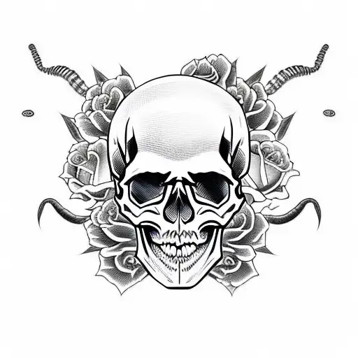 skull, cyberpunk details, fullbody, with roses, open mounth and a scorpion and a snake tattoo design idea