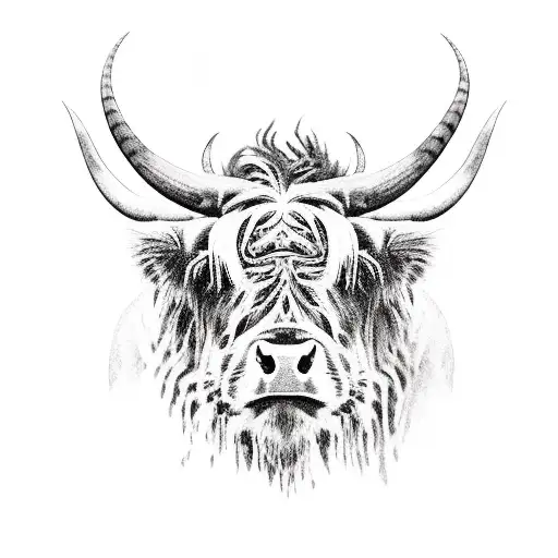 highland cow surounded by a snake, tiger, horse, rooseter,pig, monkey tattoo design idea