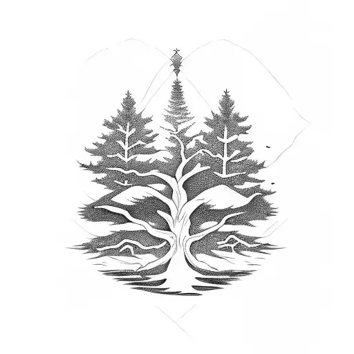 One Pine Tree with roots tattoo design idea