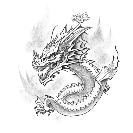dragon with flowers and sword tattoo design idea