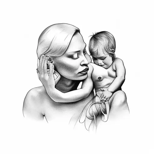 A stunning black-grey tattoo depicting a strong bond between a mother and child, with the word 'maman' elegantly incorporated into the design. tattoo design idea