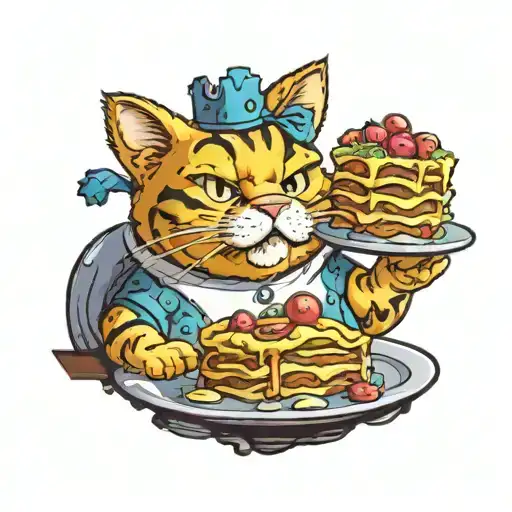 Garfield the cat, with a bunch of tattoos,  wearing a tilted crown, eating lasagna, with a serene smile  tattoo design idea