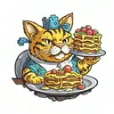Garfield the cat, with a bunch of tattoos,  wearing a tilted crown, eating lasagna, with a serene smile  tattoo design idea