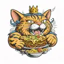 Garfield the cat, with a bunch of tattoos,  wearing a tilted crown, eating lasagna, with a serene smile  tattoo design idea