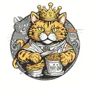 Garfield the cat, with a bunch of tattoos,  wearing a tilted crown, eating lasagna, with a serene smile  tattoo design idea