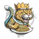 Garfield the cat, with a bunch of tattoos,  wearing a tilted crown, eating lasagna, with a serene smile  tattoo design idea
