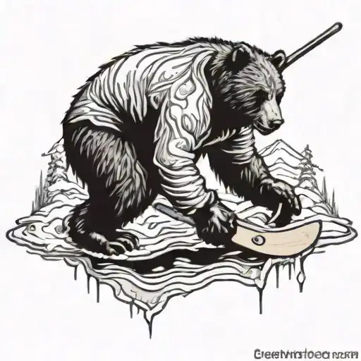 A blackwork tattoo of a bear playing hockey on a frozen pond tattoo design idea