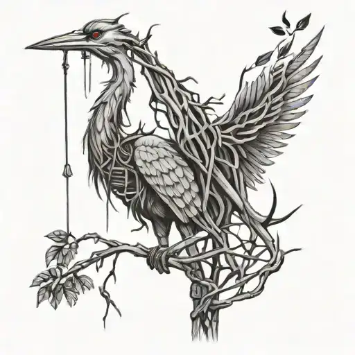 A detailed construction crane intertwined with dark vines and thorns tattoo design idea