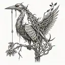 A detailed construction crane intertwined with dark vines and thorns tattoo design idea