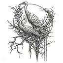 A detailed construction crane intertwined with dark vines and thorns tattoo design idea