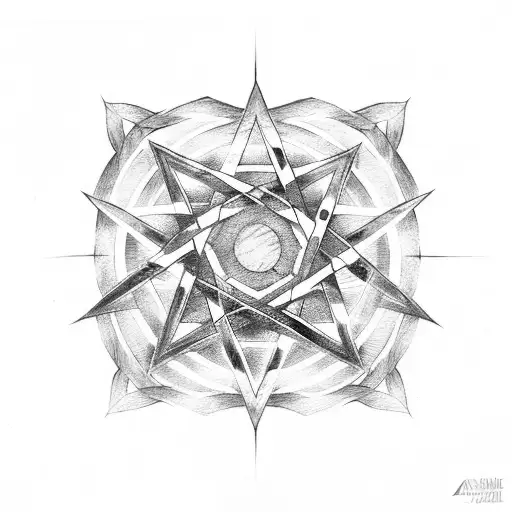 A metal-inspired geometric pentagram with a samurai sword tattoo design idea
