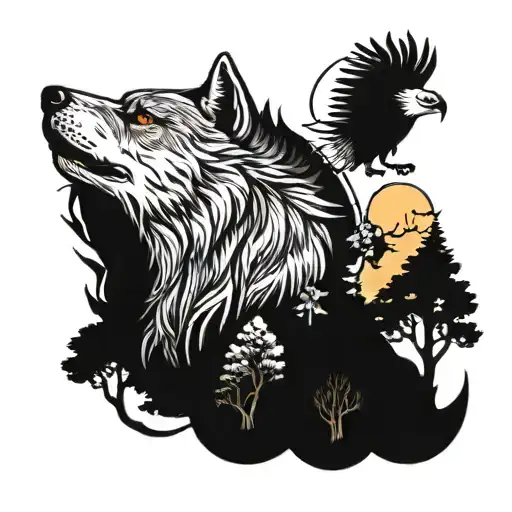 wolf, moon, trees, bear, eagle tattoo design idea