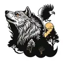 wolf, moon, trees, bear, eagle tattoo design idea