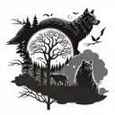 wolf, moon, trees, bear, eagle tattoo design idea