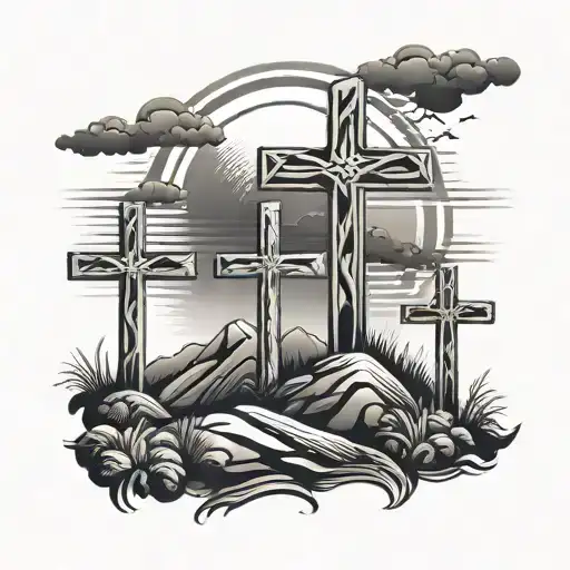 3 crosses on the hill with the sunny shinning bright tattoo design idea