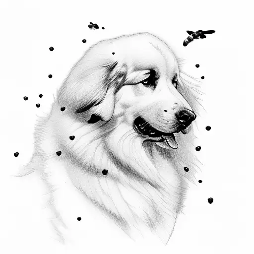 Great Pyrenees laying down with carpenter bees flying above  tattoo design idea