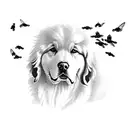 Great Pyrenees laying down with carpenter bees flying above  tattoo design idea