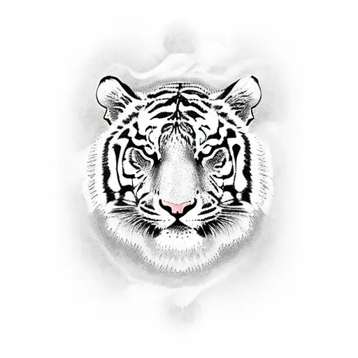 A Tiger with a calm countenance surrounded by vegetation tattoo design idea