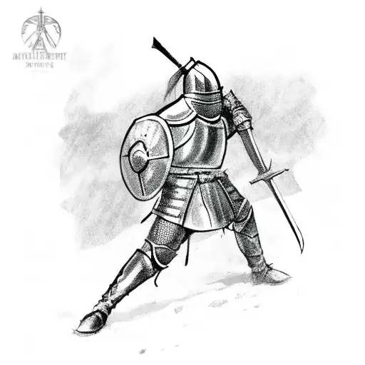 A knight on a battlefield overlooking the field after the fight is over. The knight should have a flagpole beside him tattoo design idea