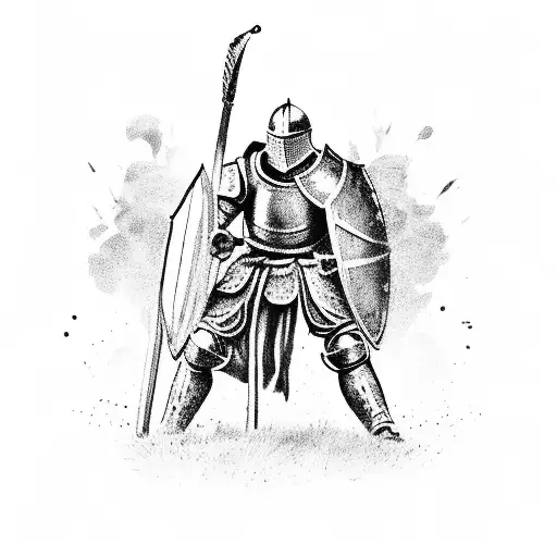 A knight on a battlefield overlooking the field after the fight is over. The knight should have a berserk looking armor tattoo design idea