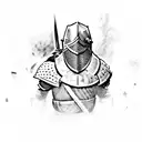 A knight on a battlefield overlooking the field after the fight is over. The knight should have a berserk looking armor tattoo design idea