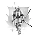 A knight on a battlefield overlooking the field after the fight is over. The knight should have a berserk looking armor tattoo design idea