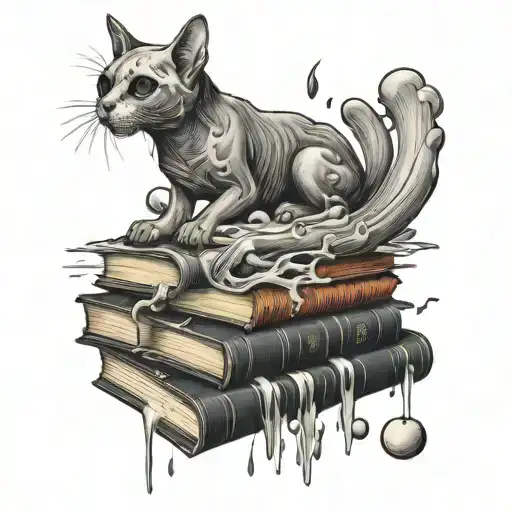 A surreal tattoo of a cat skull diving into a pool filled with floating books and mushrooms tattoo design idea