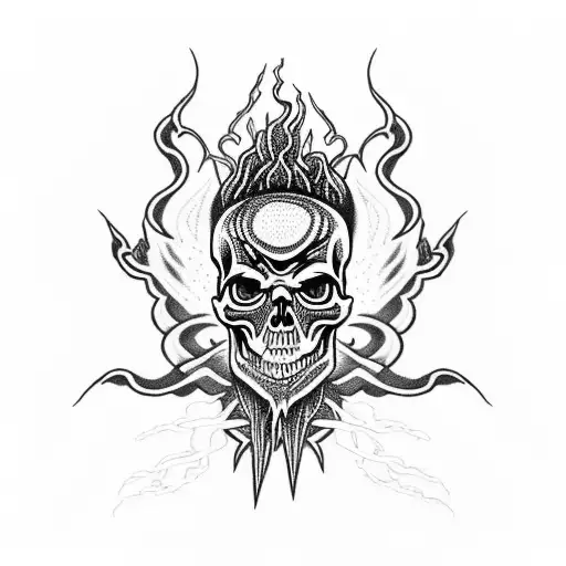  skull and cross bones with lightning and fire tornado tattoo design idea