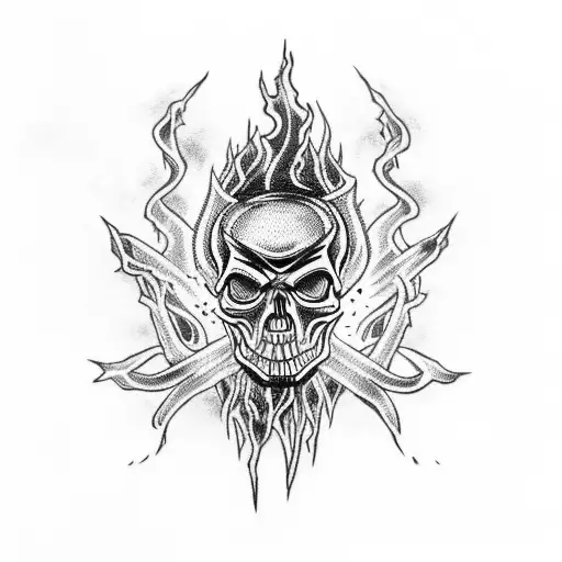  skull and cross bones with lightning and fire tornado tattoo design idea