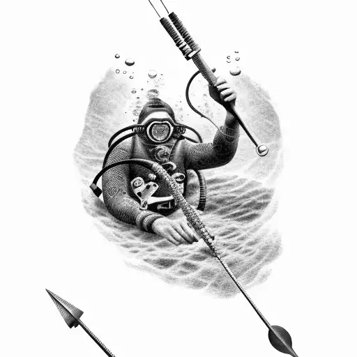 diver with spear black and gray realism tattoo design idea