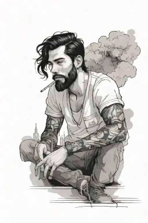 young man with black hair and beard smokes sitting on a low wall against a city background tattoo design idea