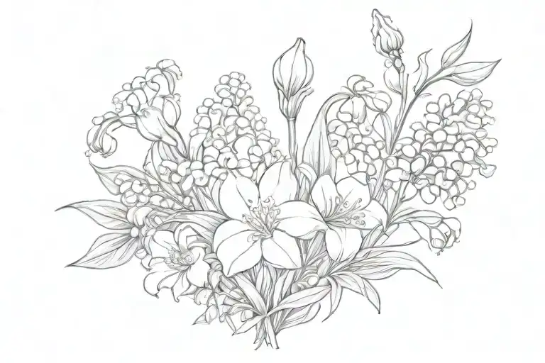 lily of the valley, carnation and marigold bouquet  tattoo design idea