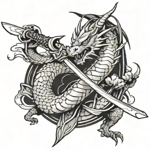 A mystical dragon wrapped around a katana, blending anime and video game elements tattoo design idea